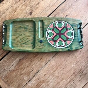 MCM Green Wooden Serving Tray Decorative tile Design oak with metal handles